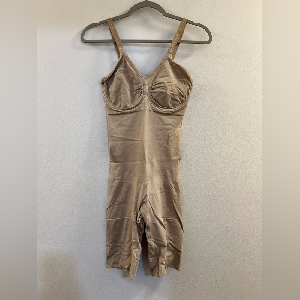 Spanx Slim Cognito Firm Mid Thigh Unlined Underwire Bra Nude Bodysuit